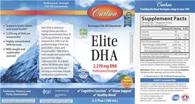 Photo of the Carlson Elite DHA 2,270 mg Natural Orange Flavor label
