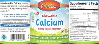 Photo of the Carlson Kid's Chewable Calcium 250 mg Natural Vanilla Flavor label