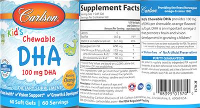 Photo of the Carlson Kid's Chewable DHA 100 mg Bursting Orange Flavor! label