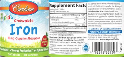 Photo of the Carlson Kid's Chewable Iron 15 mg Natural Strawberry Flavor label