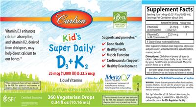Photo of the Carlson Kid's Super Daily D3+K2 (1,000 IU) 22.5 mcg label