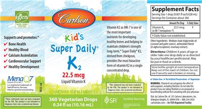 Photo of the Carlson Kid's Super Daily K2 22.5 mcg label