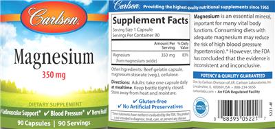 Photo of the Carlson Magnesium 350 mg label
