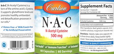 Photo of the Carlson N-A-C 500 mg label