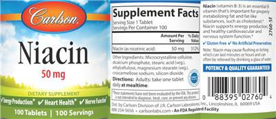 Photo of the Carlson Niacin 50 mg label