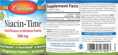 Photo of the Carlson Niacin-Time 500 mg label