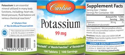 Photo of the Carlson Potassium 99 mg label
