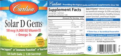 Photo of the Carlson Solar D Gems 100 mcg (4,000 IU) Natural Lemon Flavor label