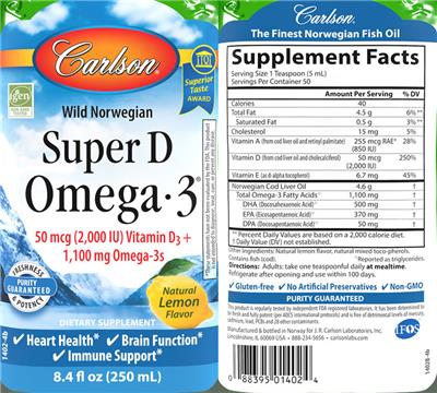 Photo of the Carlson Super D Omega-3 Natural Lemon Flavor label