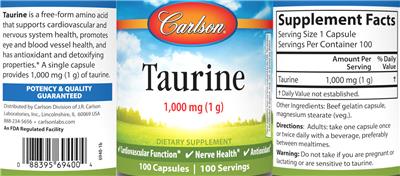 Photo of the Carlson Taurine 1,000 mg (1 g) label