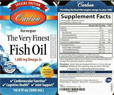 Photo of the Carlson The Very Finest Fish Oil 1,600 mg Natural Lemon Flavor label