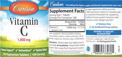 Photo of the Carlson Vitamin C 1,000 mg label