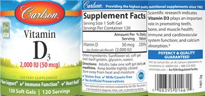 Photo of the Carlson Vitamin D3 2,000 IU (50 mcg) label