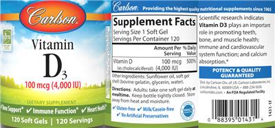 Photo of the Carlson Vitamin D3 100 mcg (4,000 IU) label
