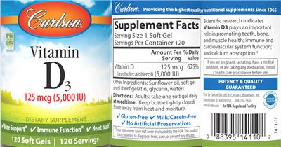 Photo of the Carlson Vitamin D3 125 mcg (5,000 IU) label