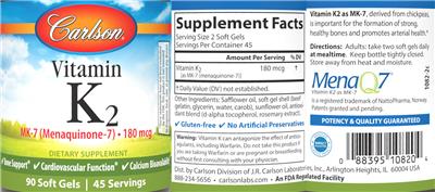Photo of the Carlson Vitamin K2 MK-7 (Menaquinone-7) 180 mcg label