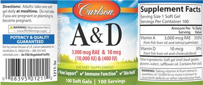 Photo of the Carlson A & D 3,000 mcg RAE (10,000 IU) & 10 mcg (400 IU) label