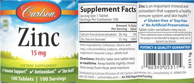 Photo of the Carlson Zinc 15 mg label