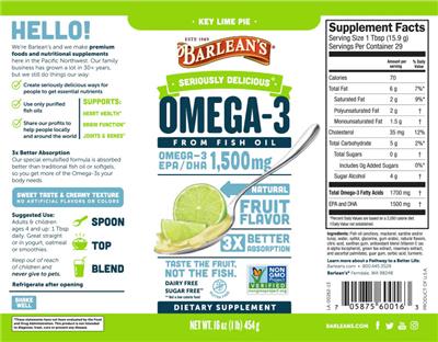 Photo of the Barlean's Seriously Delicious Omega-3 Key Lime Pie label