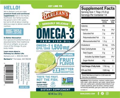 Photo of the Barlean's Seriously Delicious Omega-3 Key Lime Pie label