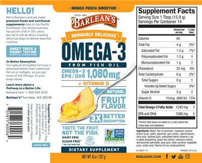 Photo of the Barlean's Seriously Delicious Omega-3 Mango Peach Smoothie label