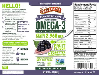 Photo of the Barlean's Seriously Delicious Plant Based Omega-3 Blackberry Smoothie 2,968 mg label