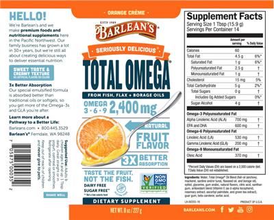 Photo of the Barlean's Seriously Delicious Total Omega Orange Creme label