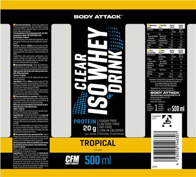 Photo of the Body Attack Clear Iso Whey Drink Tropical label