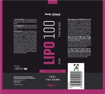 Photo of the Body Attack Sports Nutrition Lipo 100 Wild Berry Flavour label