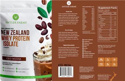Photo of the Antler Farms New Zealand Whey Protein Isolate Iced Mocha label