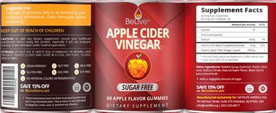 Photo of the BeLive Apple Cider Vinegar Sugar Free Apple Flavor Gummies label