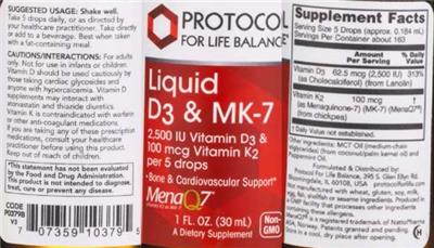 Photo of the Protocol For Life Balance Liquid D3 & MK-7 label