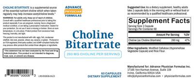 Photo of the Advance Physician Formulas Choline Bitartrate 260 mg label