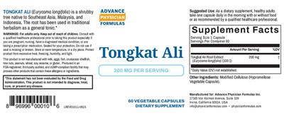 Photo of the Advance Physician Formulas Tongkat Ali 200 mg label