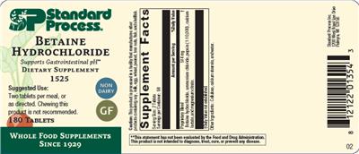 Photo of the SP Standard Process Betaine Hydrochloride label