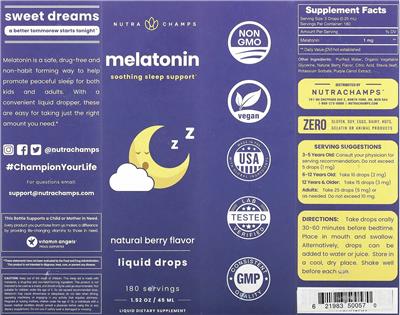 Photo of the NutraChamps Melatonin Liquid Drops Natural Berry Flavor label
