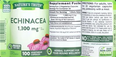 Photo of the Nature's Truth Echinacea 1,300 mg label