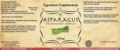 Photo of the Signature Supplements Aspargus 175 mg label