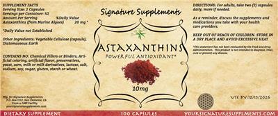 Photo of the Signature Supplements Astaxanthins 10 mg label