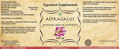 Photo of the Signature Supplements Astragalus 400 mg label