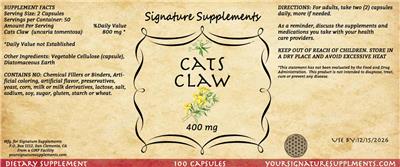 Photo of the Signature Supplements Cats Claw 400 mg label