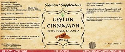 Photo of the Signature Supplements Ceylon Cinnamon 400 mg label