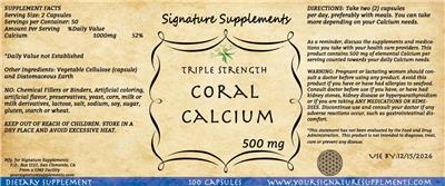 Photo of the Signature Supplements Coral Calcium 500 mg label