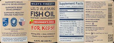 Photo of the Wiley's Finest Wild Alaskan Fish Oil Beginner's DHA For Kids! Strawberry Watermelon Flavor label