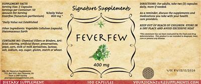 Photo of the Signature Supplements Feverfew 400 mg label