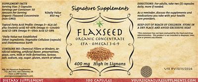 Photo of the Signature Supplements Flaxseed 400 mg label