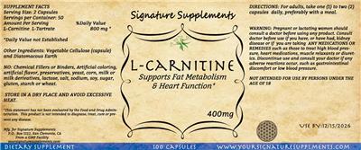 Photo of the Signature Supplements L-Carnitine 400 mg label