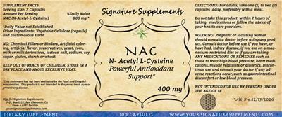 Photo of the Signature Supplements NAC 400 mg label