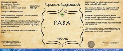 Photo of the Signature Supplements PABA 400 mg label