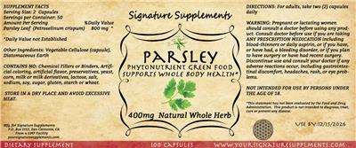 Photo of the Signature Supplements Parsley 400 mg label